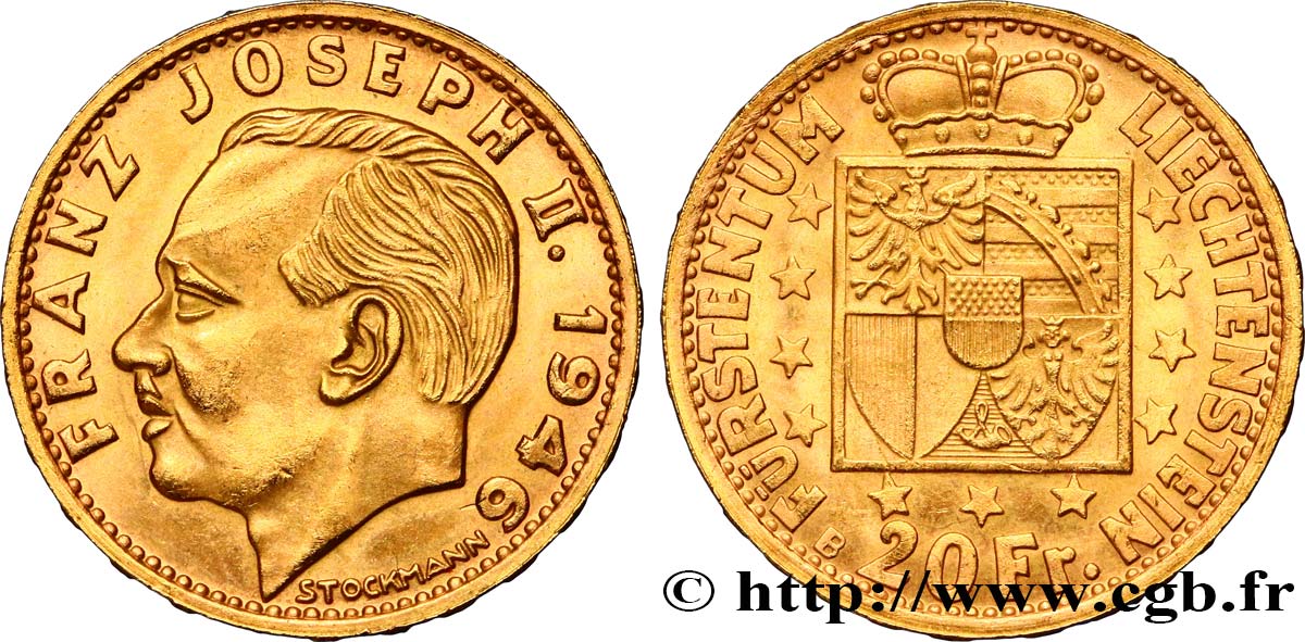 LIECHTENSTEIN 20 Franken François-Joseph II 1946 Berne SUP 