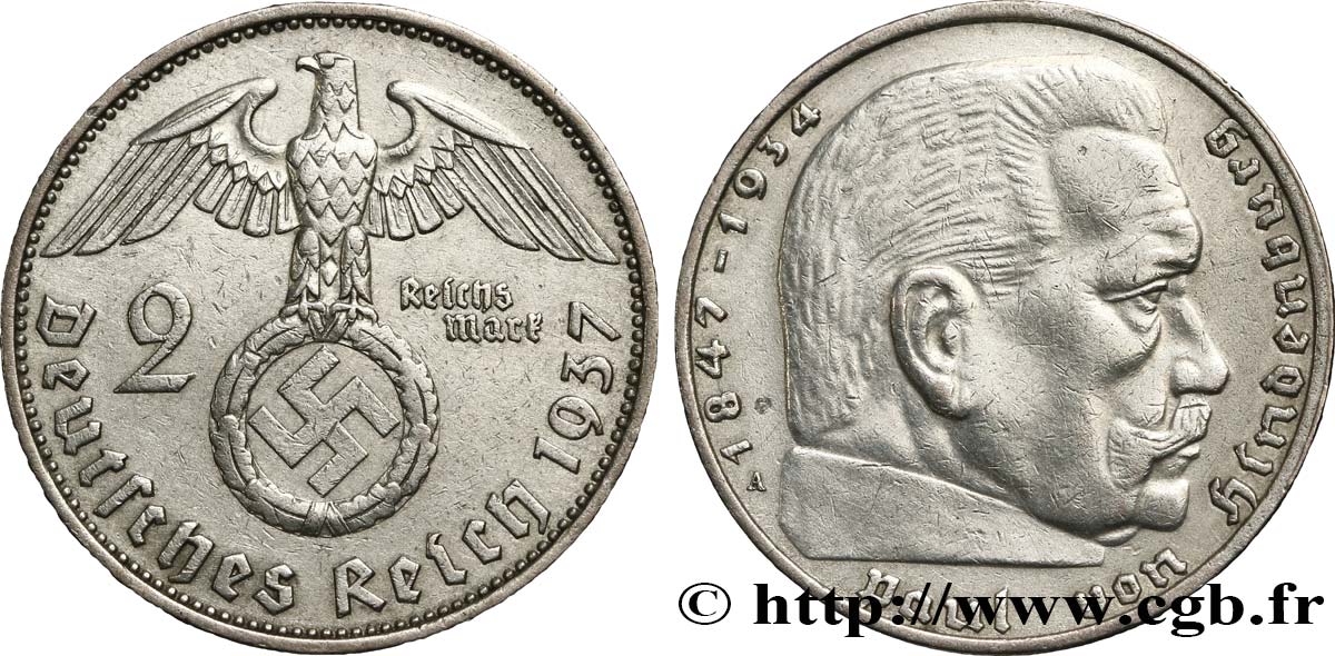 DEUTSCHLAND 2 Reichsmark Maréchal Paul von Hindenburg 1937 Berlin fVZ 