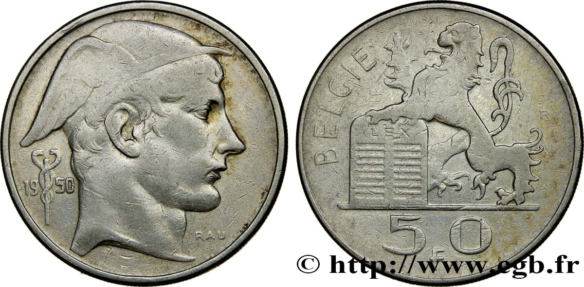 BELGIQUE 50 Francs lion posé sur les tables de la loi / Mercure légende flamande 1950  TTB 