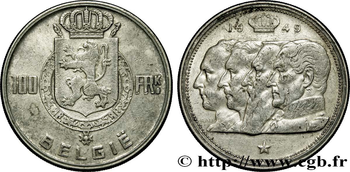 BELGIQUE 100 Francs bustes des quatre rois de Belgique, légende flamande 1949  TTB+ 