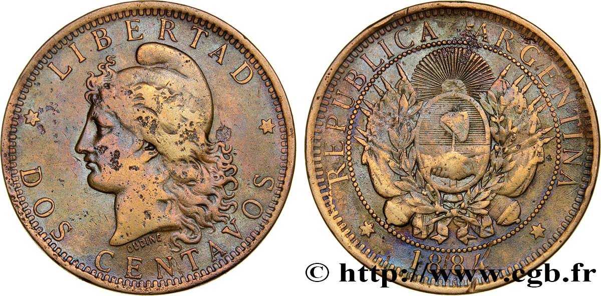 ARGENTINE 2 Centavos emblème / “Liberté” 1884  TB+ 