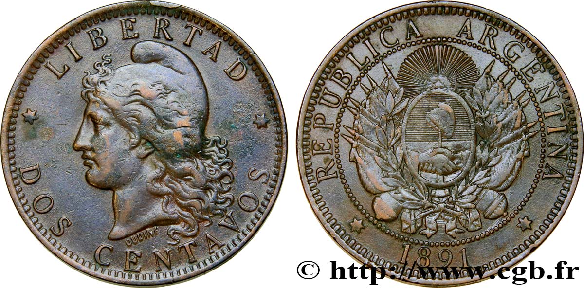 ARGENTINA 2 Centavos emblème / “Liberté” 1891  MBC 