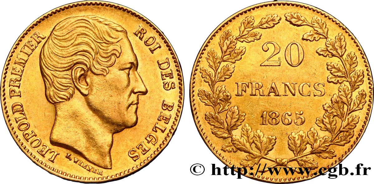 BELGIEN 20 Francs Léopold Ier 1865 Bruxelles VZ 
