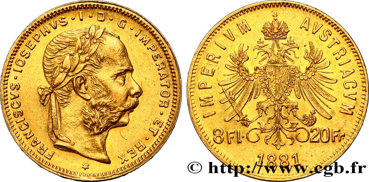 ÖSTERREICH 8 Florins ou 20 Francs François-Joseph Ier 1881 Vienne VZ 