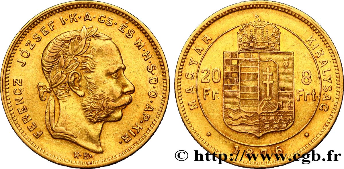 HONGRIE 20 Francs or ou 8 Forint, 1e type François-Joseph Ier 1877 Kremnitz TTB+ 