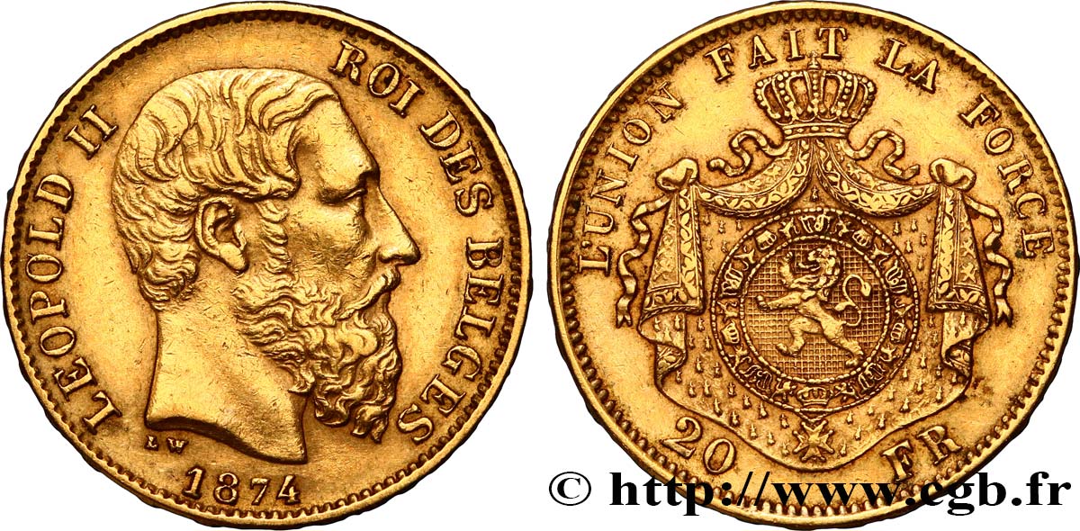 BELGIUM 20 Francs Léopold II 1874 Bruxelles XF 