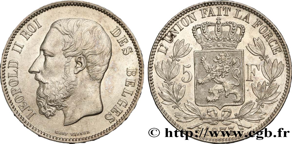 BELGIUM 5 Francs Léopold II 1873  AU/MS 