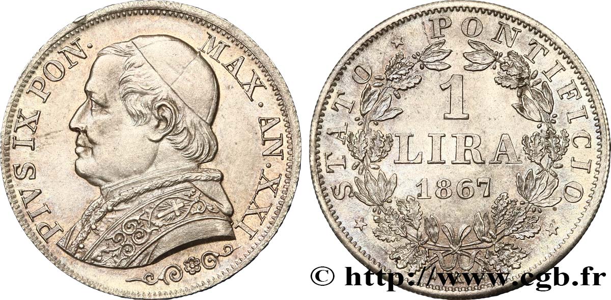 VATICAN AND PAPAL STATES 1 Lire Pie IX an XXI 1867 Rome MS 
