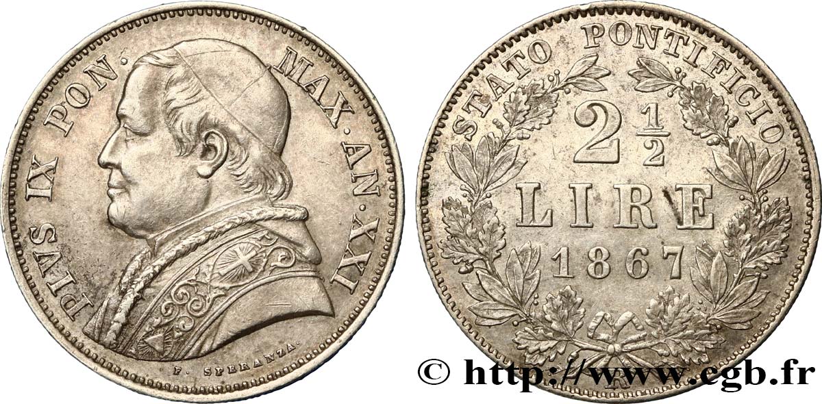 VATICAN AND PAPAL STATES 2 1/2 Lire Pie IX an XXI 1867 Rome AU 