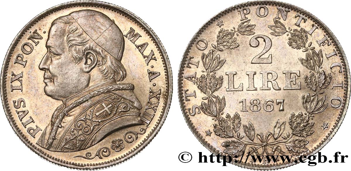 VATICAN - PIUS IX (Giovanni Maria Mastai Ferretti) 2 Lire an XXII 1867 Rome MS 