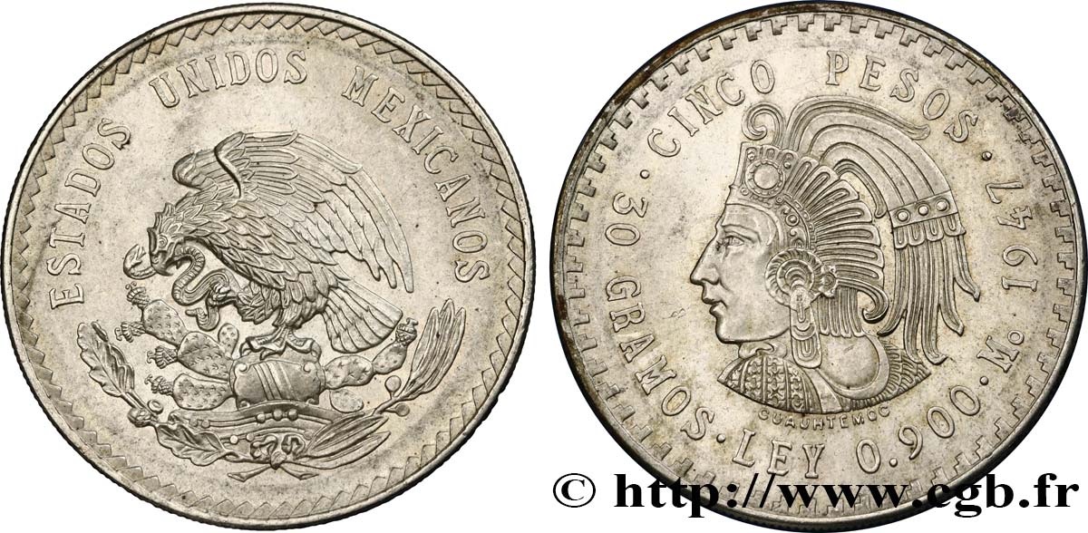 MEXIKO 5 Pesos Cuauhtemoc 1947 Mexico fST 