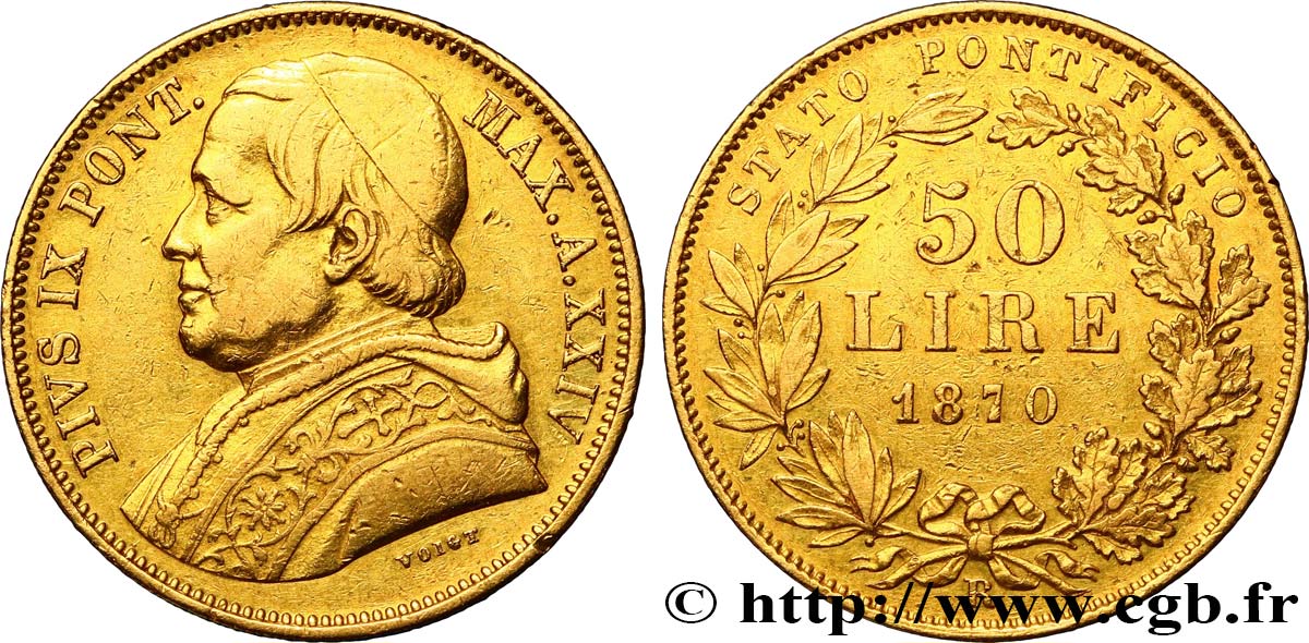 ITALY - PAPAL STATES - PIUS IX (Giovanni Maria Mastai Ferretti) 50 Lire an XXIV 1870 Rome XF 