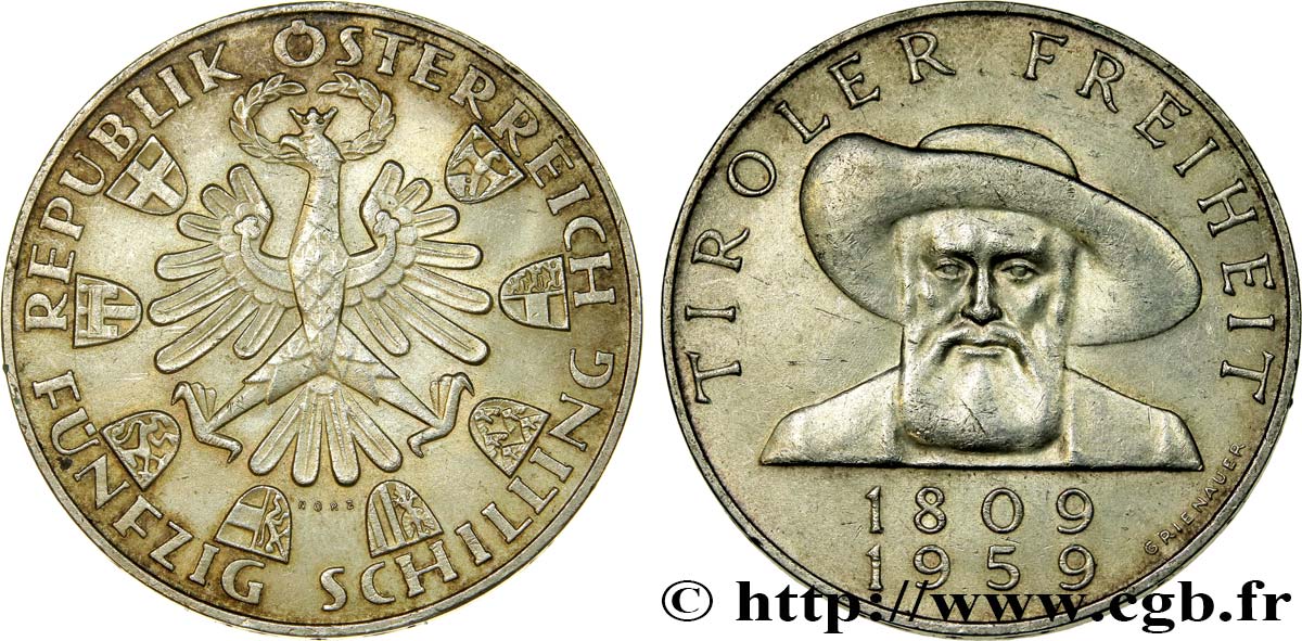 AUSTRIA 50 Schilling 150e anniversaire de la libération du Tyrol aigle / 1959  EBC 