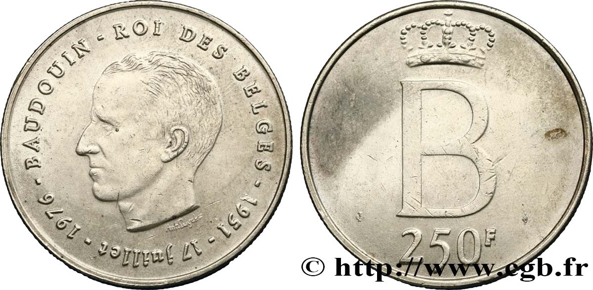 BÉLGICA 250 Francs jubilé d’argent du roi Baudouin légende française 1976 Bruxelles MBC+ 