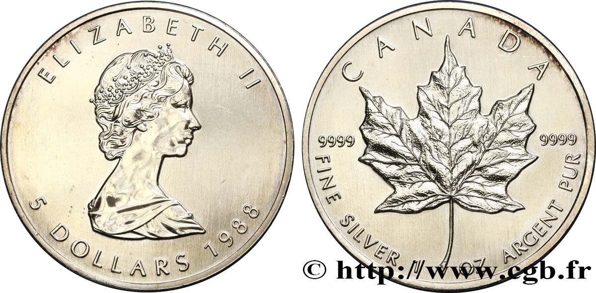CANADá
 5 Dollars (1 once) Elisabeth II 1988  EBC 