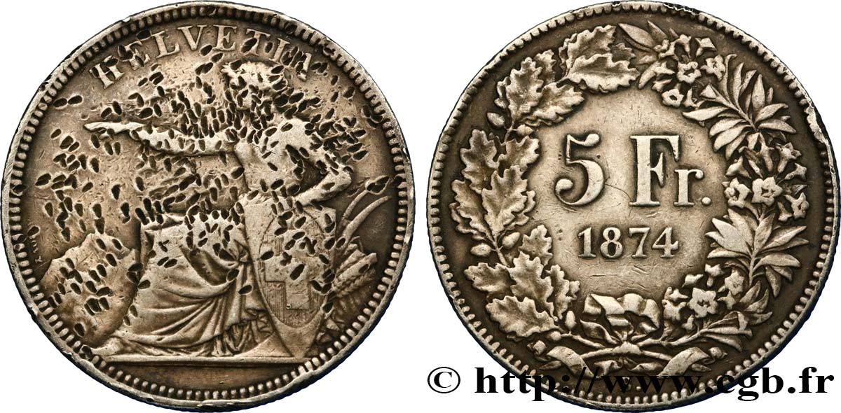 SUISSE 5 Francs Helvetia assise 1874 Bruxelles TB 