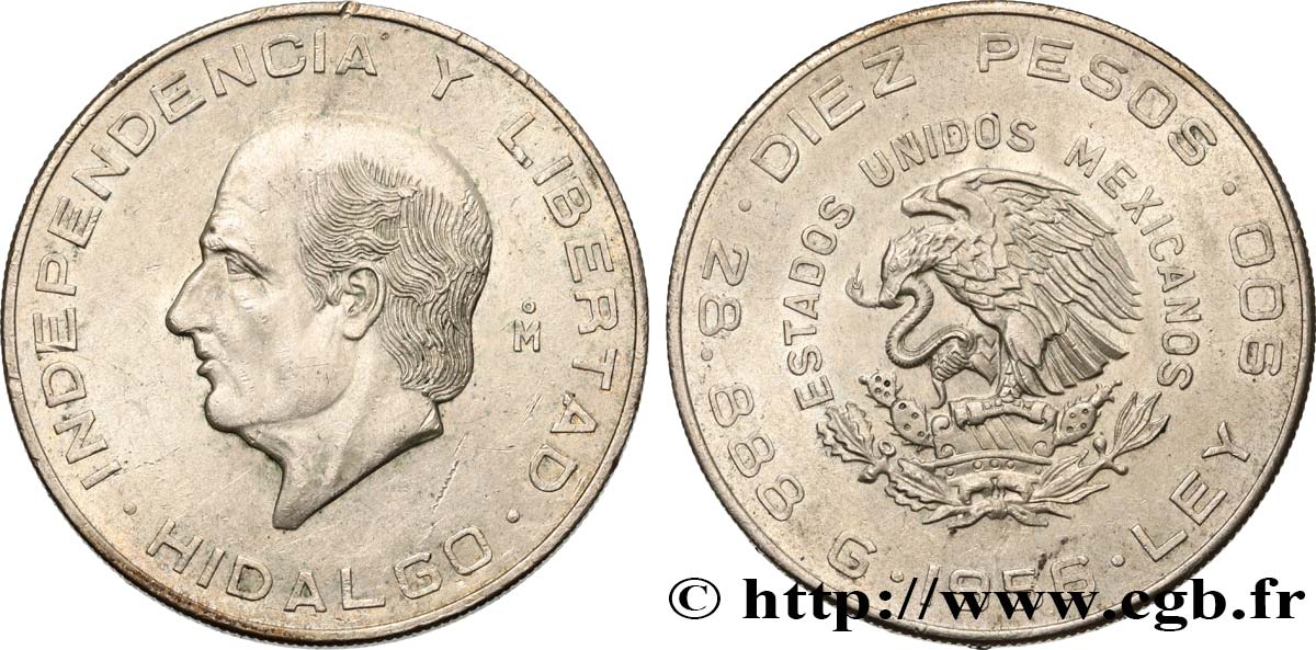 MESSICO 10 Pesos Miguel Hidalgo y Costilla 1956 Mexico SPL 