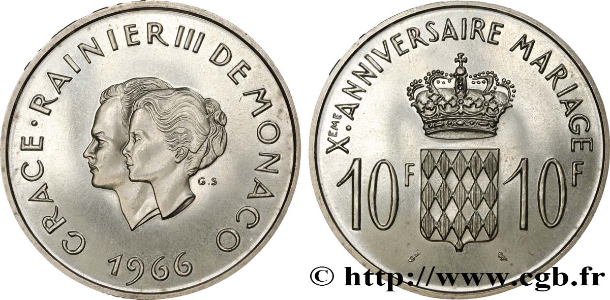 MONACO 10 Francs argent, dixième anniversaire du mariage 1966 Paris EBC 