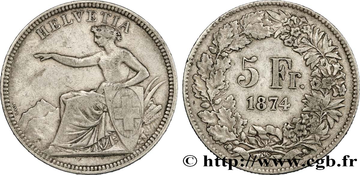 SUISSE 5 Francs Helvetia assise 1874 Bruxelles TTB 