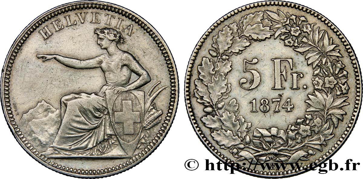 SUISSE 5 Francs Helvetia assise 1874 Bruxelles TTB/TTB+ 