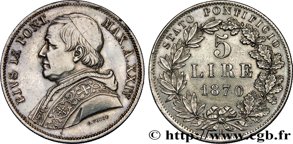VATICAN AND PAPAL STATES 5 Lire Pie IX an XXIV 1870 Rome AU 