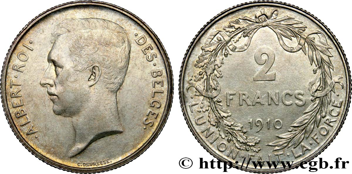 BELGIQUE 2 Francs Albert Ier légende française 1910  SUP 