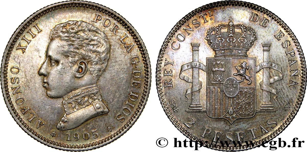 ESPAGNE 2 Pesetas Alphonse XIII 1905 Madrid SUP/SPL 