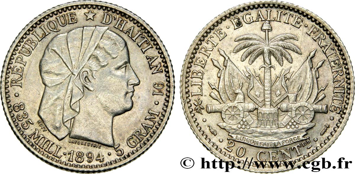 HAITI 20 Centimes 1894 Paris AU 