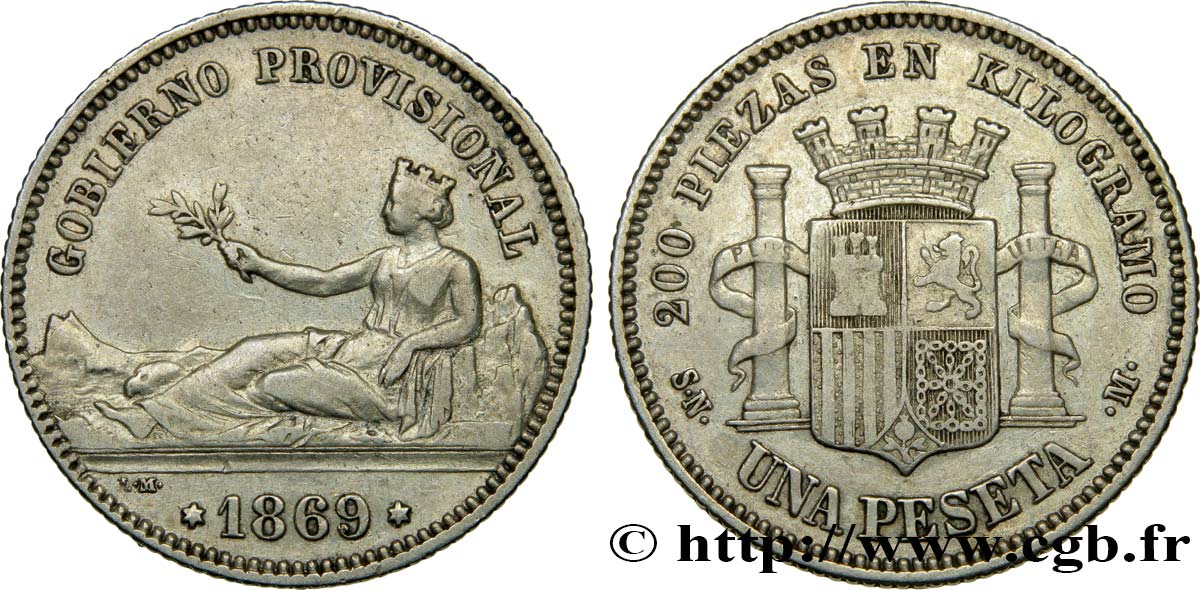 ESPAGNE 1 Peseta monnayage provisoire avec mention “Gobierno Provisional” 1869 Madrid TTB 