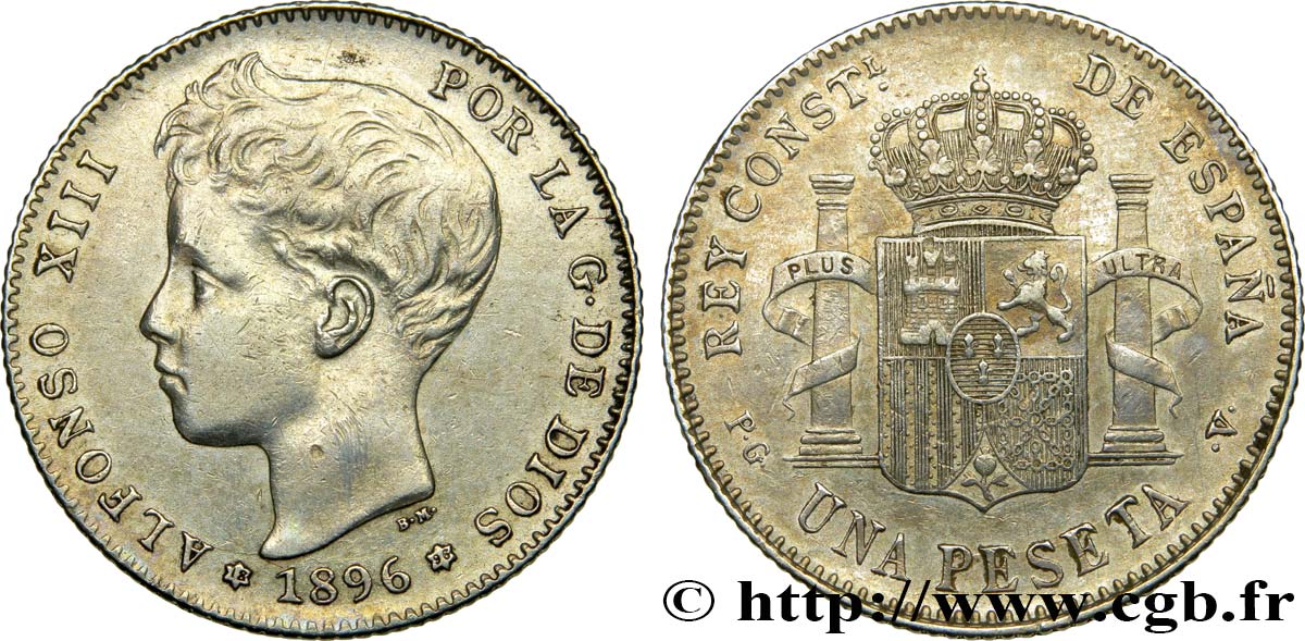 SPAIN 1 Peseta Alphonse XIII 3e type de buste 1896 Madrid AU/AU 