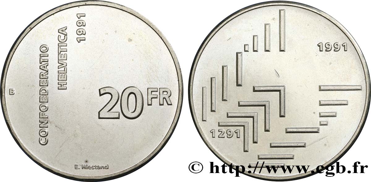 SCHWEIZ 20 Francs 700e anniversaire de la confédération helvétique 1991 Berne fST 
