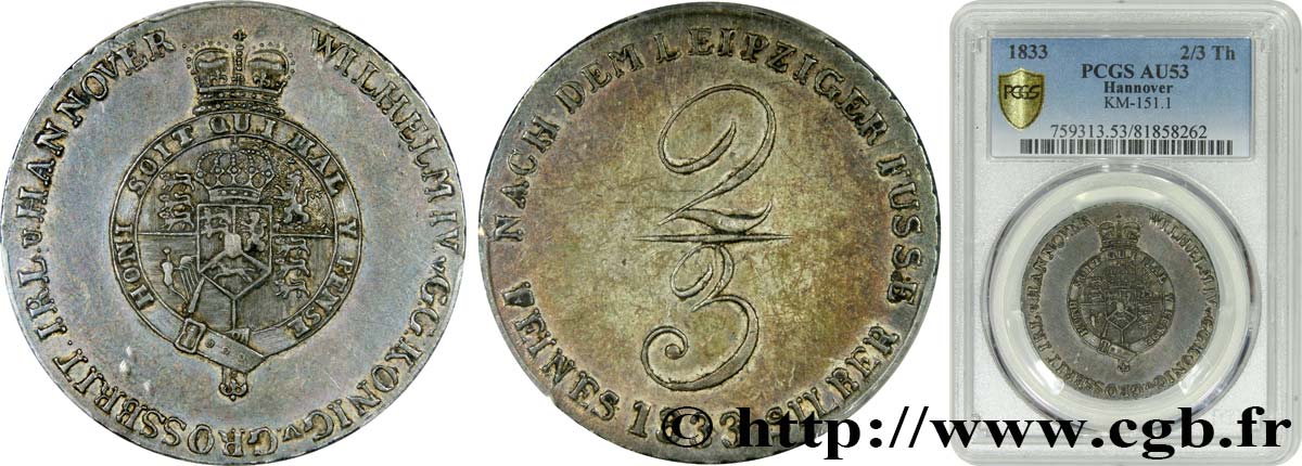 ALEMANIA - HANóVER 2/3 Thaler Guillaume IV 1833 Hanovre MBC53 PCGS