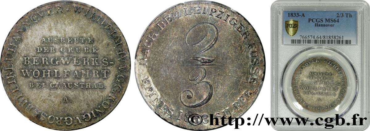 GERMANIA - HANNOVER 2/3 Thaler Guillaume IV 1833 Hanovre MS64 PCGS