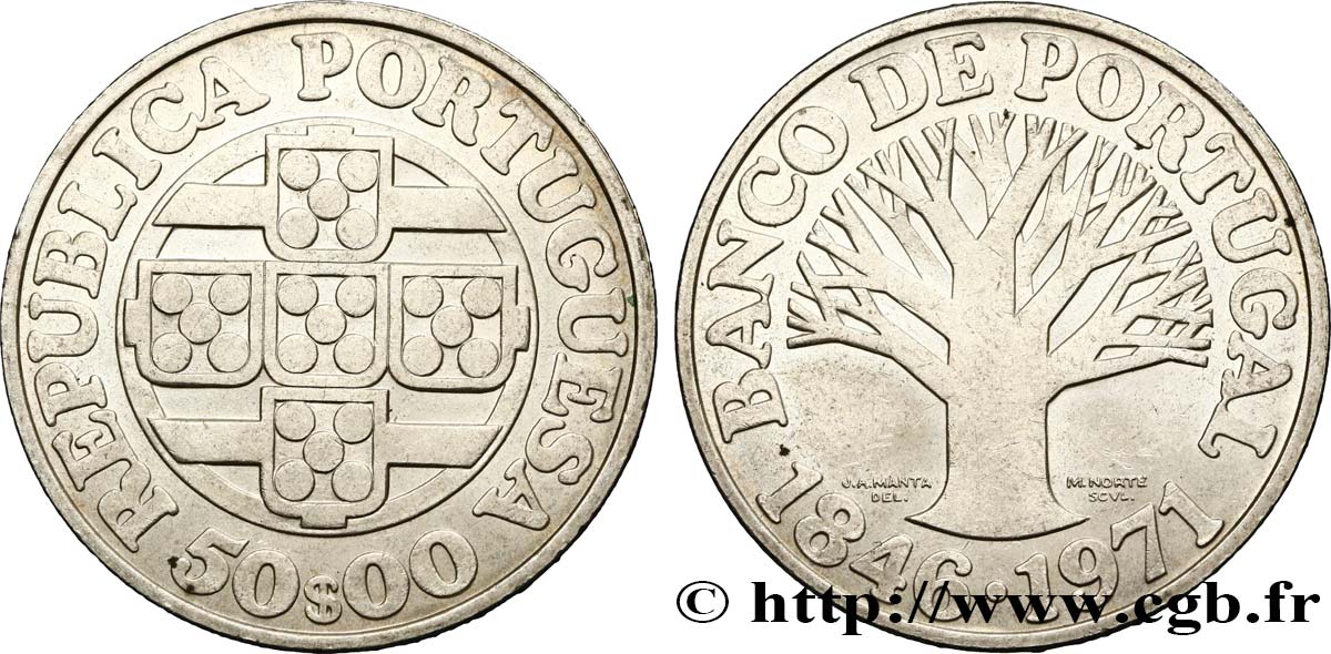 PORTOGALLO 50 Escudos 125e anniversaire de la banque centrale du portugal 1971  SPL 