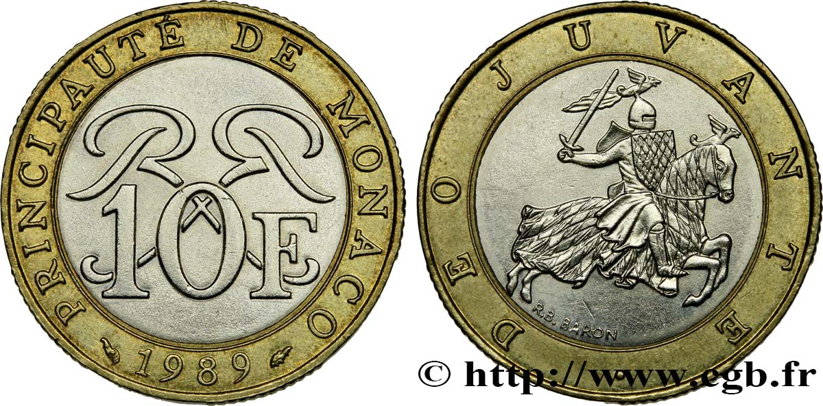 MONACO 10 Francs monogramme de Rainier III / chevalier en armes 1989 Paris SPL 