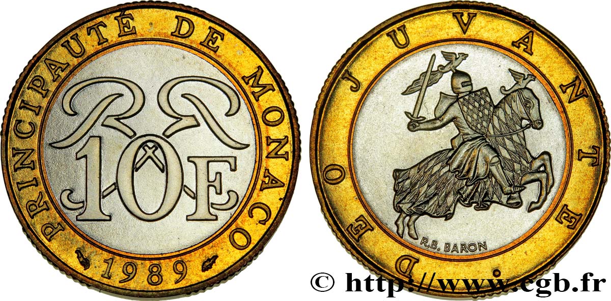 MONACO 10 Francs monogramme de Rainier III / chevalier en armes 1989 Paris ST 