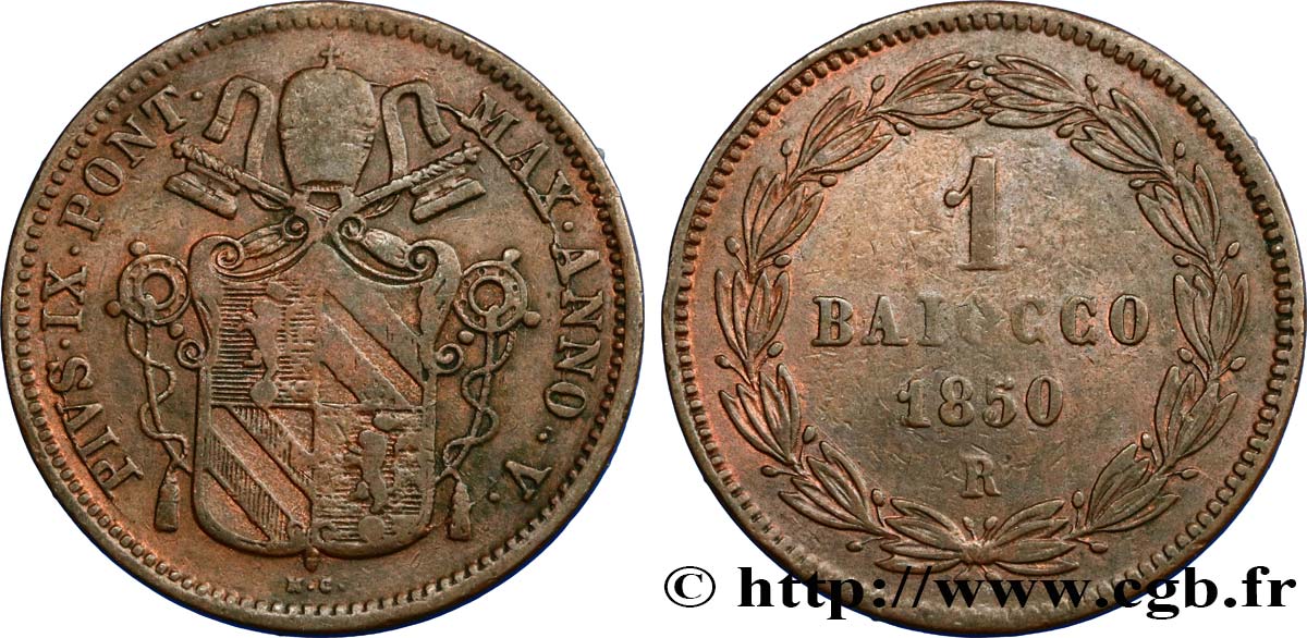 VATICAN AND PAPAL STATES 1 Baiocco Pie IX an V 1850 Rome XF 