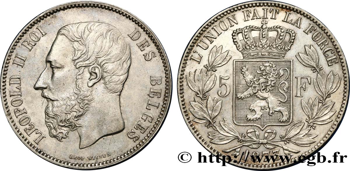 BELGIQUE 5 Francs Léopold II 1873  TTB+ 