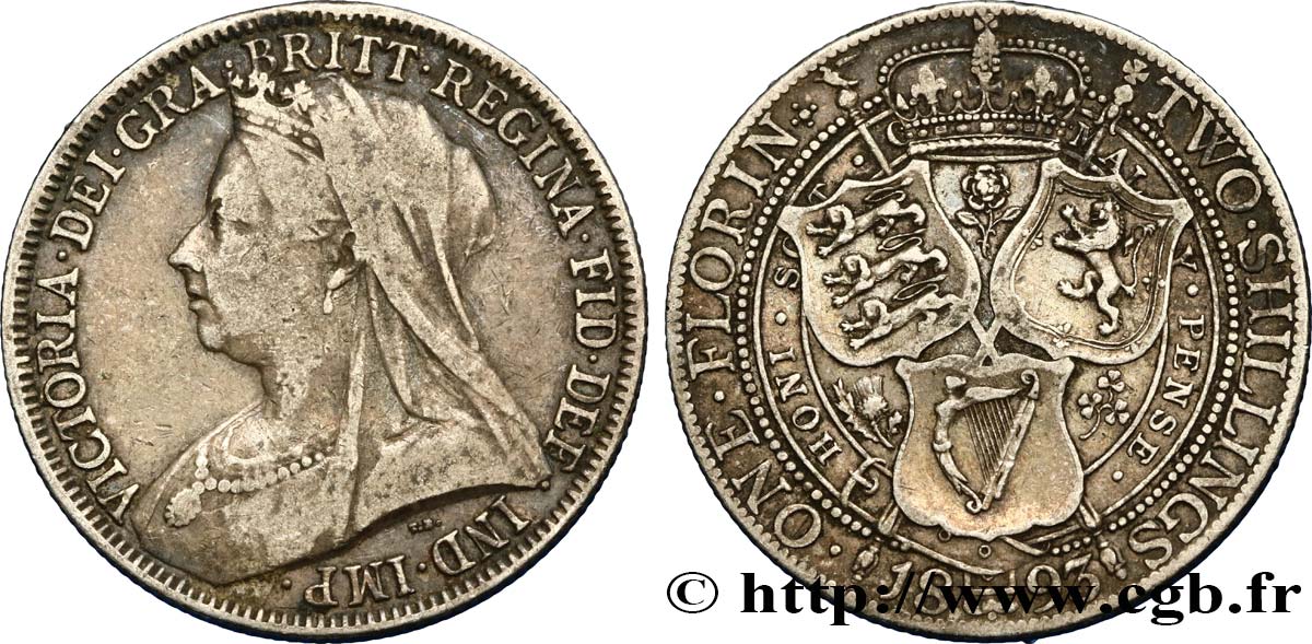 ROYAUME-UNI 1 Florin Victoria “Old Head” 1893  TB+ 