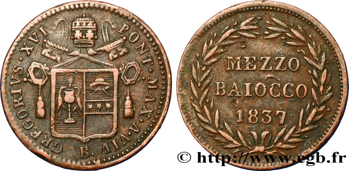 VATICAN AND PAPAL STATES 1/2 Baiocco au nom de Grégoire XVI an VII 1837 Bologne VF 