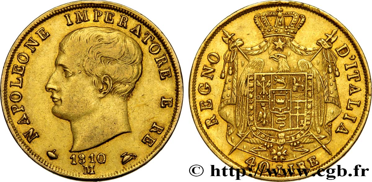 ITALY - KINGDOM OF ITALY - NAPOLEON I 40 Lire 1810 Milan XF 