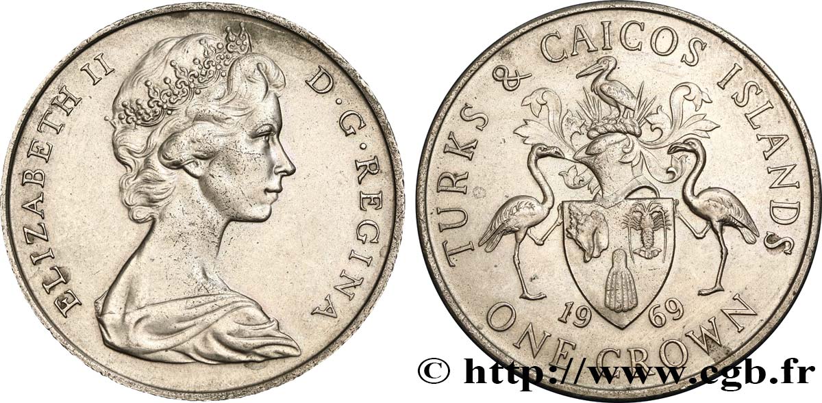 TURKS- UND CAICOSINSELN 1 Crown  Élisabeth II / emblème 1969  VZ 