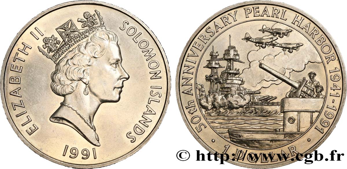 SOLOMON-INSELN 1 Dollar 50e anniversaire de l’attaque de Pearl Harbor 1991  VZ 