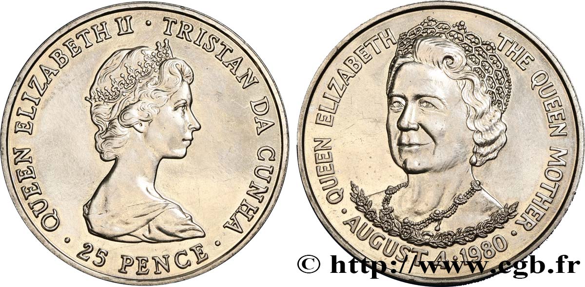 TRISTáN DA CUNHA 25 Pence 80e anniversaire de la reine mère : Elizabeth II / reine mère 1980  EBC 