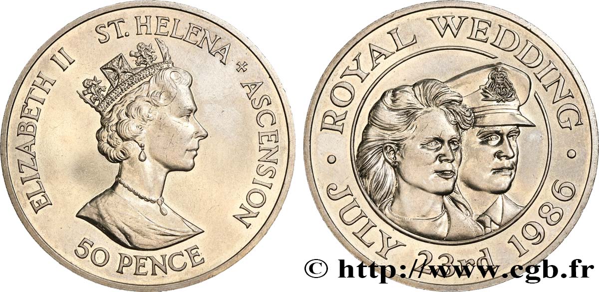 ST HELENA & ASCENSION 50 Pence (1 Crown) mariage du Prince Andrew et de Sarah Ferguson 1986  MS 