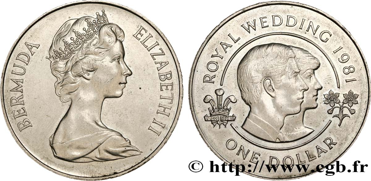 BERMUDAS 1 Dollar Elisabeth II / Mariage du prince Charles et de lady Diana 1981  VZ 