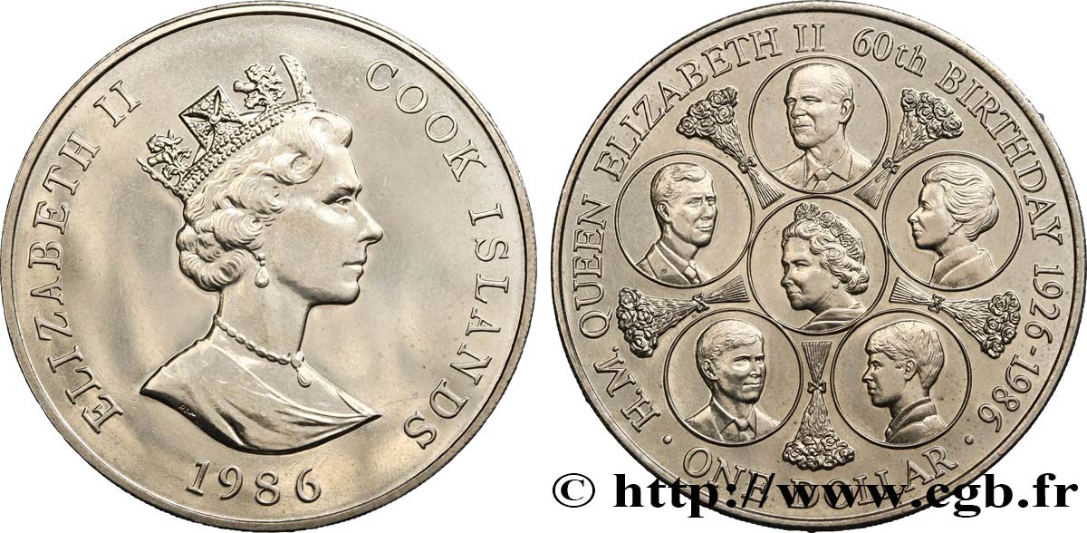 ÎLES COOK  1 Dollar 60e anniversaire de la reine Elisabeth II 1986  SPL 