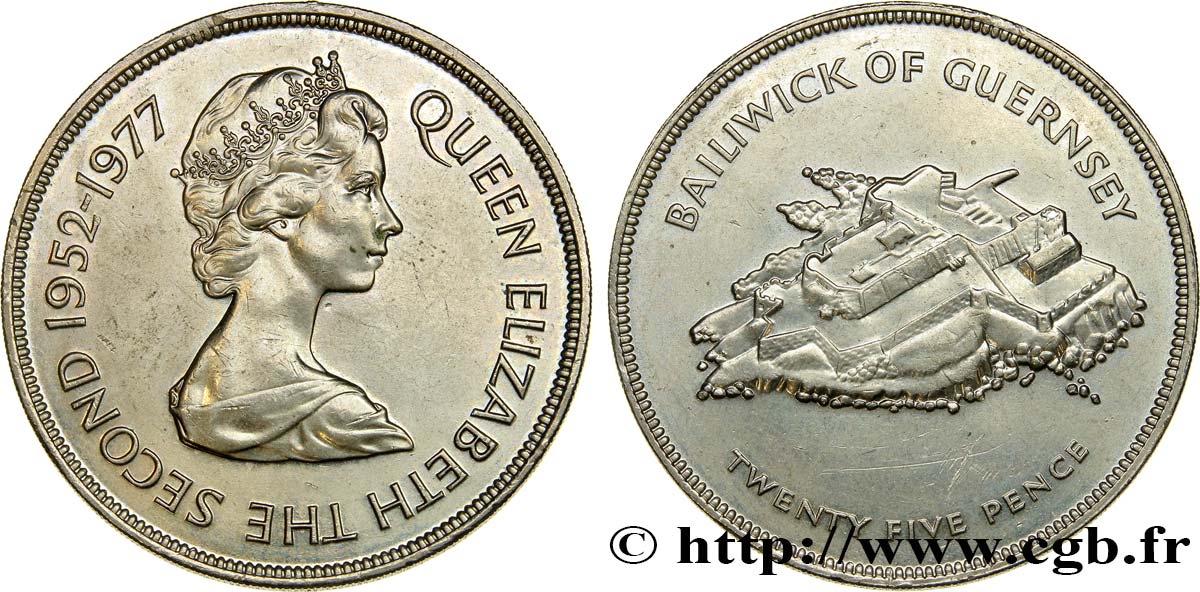 GUERNESEY 25 Pence Elisabeth II, jubilé d’argent / Castle Cornet 1977  SUP 