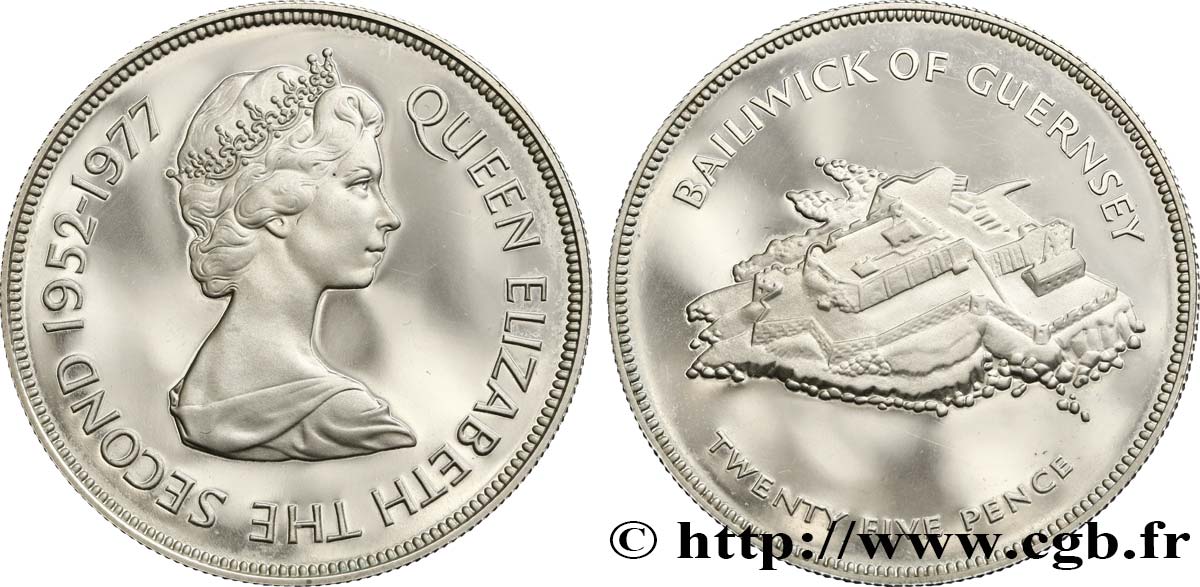 GUERNESEY 25 Pence Proof Elisabeth II, jubilé d’argent 1977  SPL 