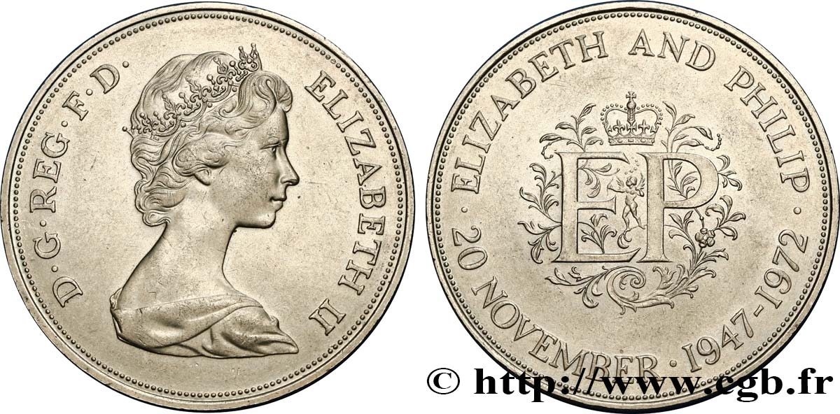 UNITED KINGDOM 25 New Pence (1 Crown) 25e anniversaire de mariage d’Elisabeth II 1972  AU 
